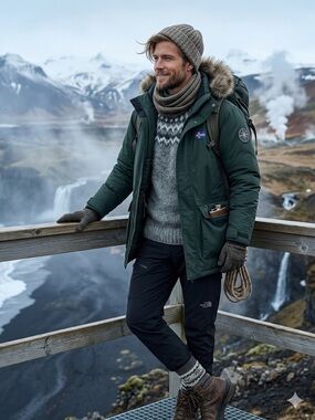 The North Face Men's Forest Green Puffer Jacket with Fur-Trim Hood